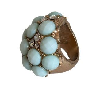 Facetted Blue Acrylic and Clear Crystal Cluster Stone Gold Tone Ring Size 4